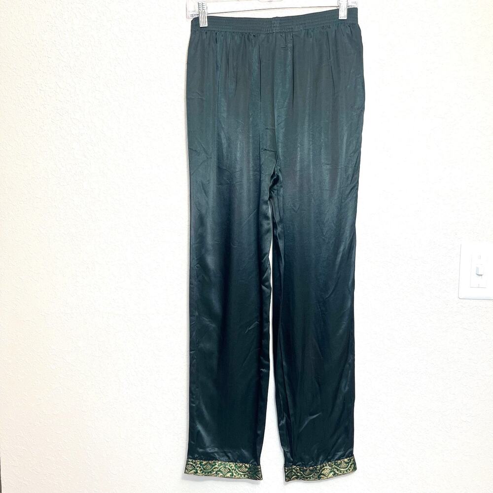 Vintage Green Satin Straight Leg Pants Women SM Gold Jacquard Cuffs Glam Lounge